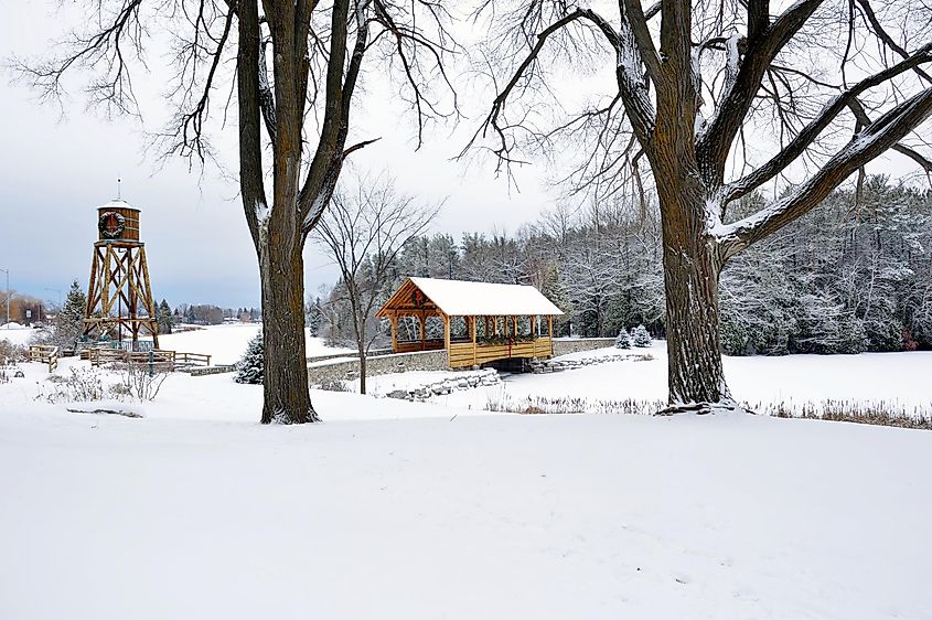 Duck Park Covered Bridge in wintry Alpena, Michigan.
