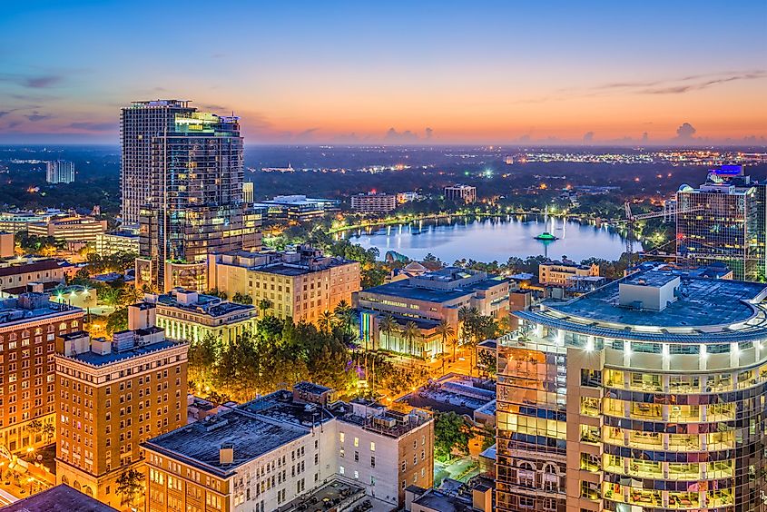Skyline of Orlando, Florida with a view of Lake Eola.