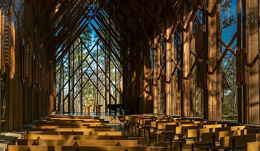 The beautiful interior of the Thorncrown Chapel in Eureka, Arkansas.