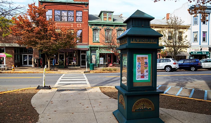 A map and information kiosk on Market Street in the downtown area of Lewisburg.