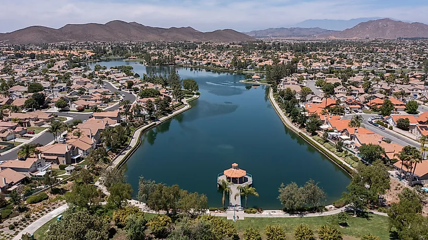 Daytime aerial view of housing in Menifee, California.