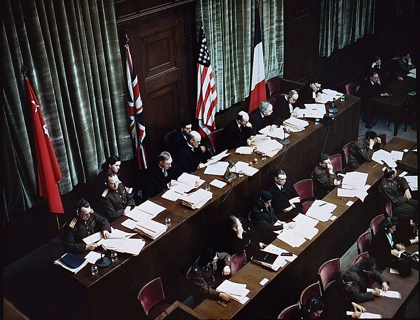 View from above of the judges' bench at the International Military Tribunal in Nuremberg, Allied-occupied Germany