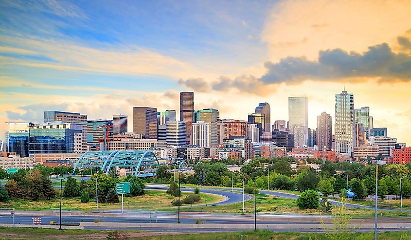 Panorama of Denver skyline long exposure at twilight.