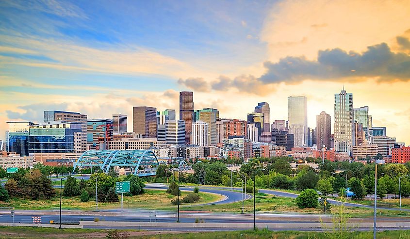 Panorama of Denver skyline long exposure at twilight.