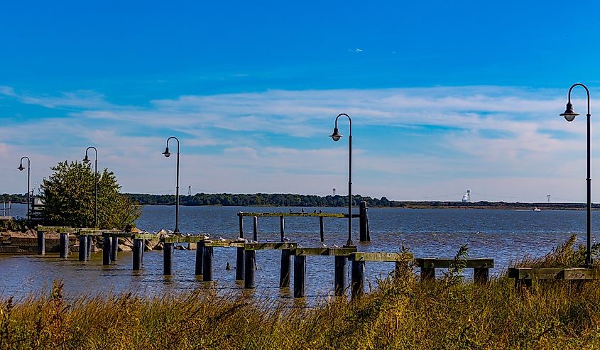 Remains of a damaged dock and pier stands in the Delaware River