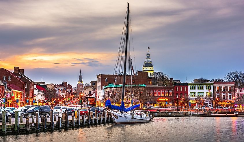 Annapolis, Maryland, from Annapolis Harbor at dusk.
