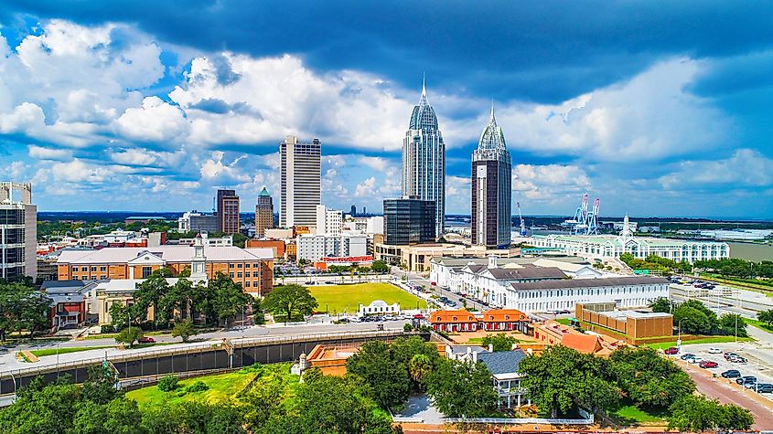 Drone Aerial View of Downtown Mobile Alabama