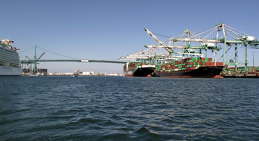 Container ships at the Port of Los Angeles, with the Vincent Thomas Bridge in the background.