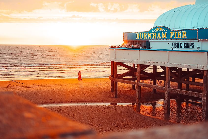 Sunset over the beach at Burnham-on-Sea, Somerset, England