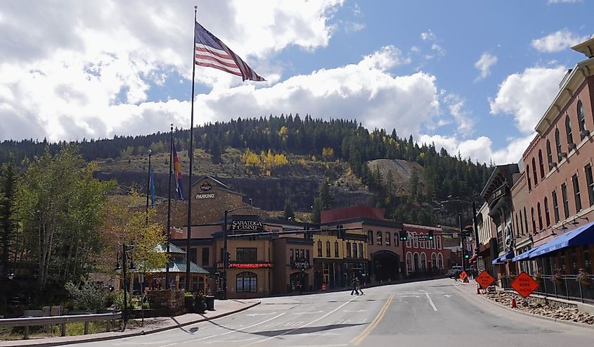 Black Hawk, an old mining town in Colorado is lined up with casinos, shops and quaint buildings.