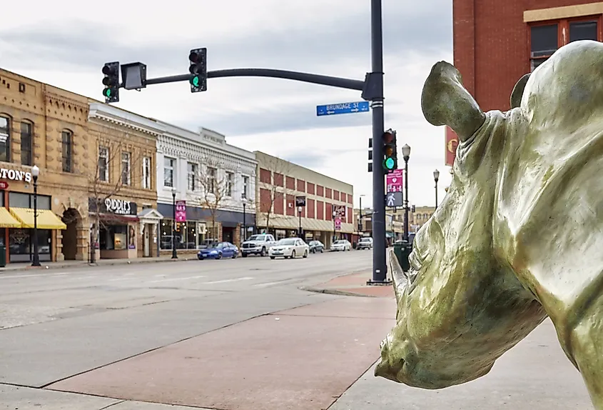 Bronze rhino on a pavement, Sheridan, Wyoming.
