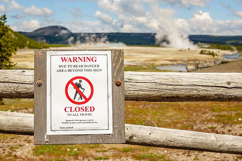 Undated sign posted on a wooden fence warns visitors of possible encounters with bears in a geothermal area of Yellowstone National Park.