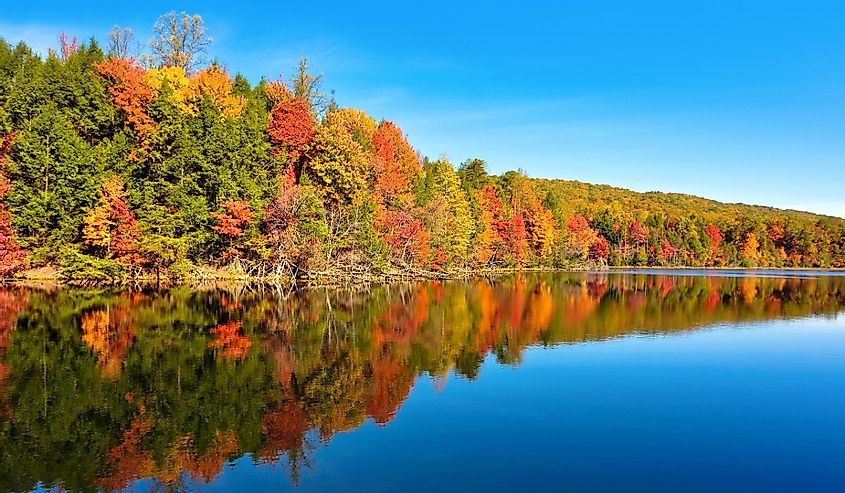 Fall landscape and autumn trees reflection at Bays Mountain Lake in Kingsport, Tennessee