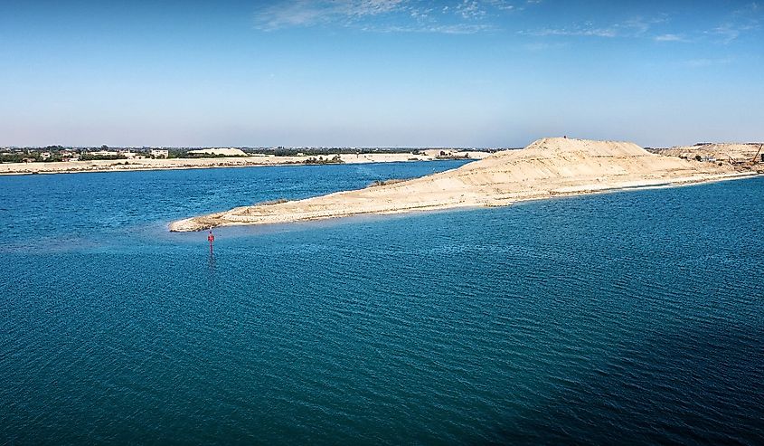Aerial view of the Suez Canal at the entry into the new extension canal at the end of the Great Bitter Lake.