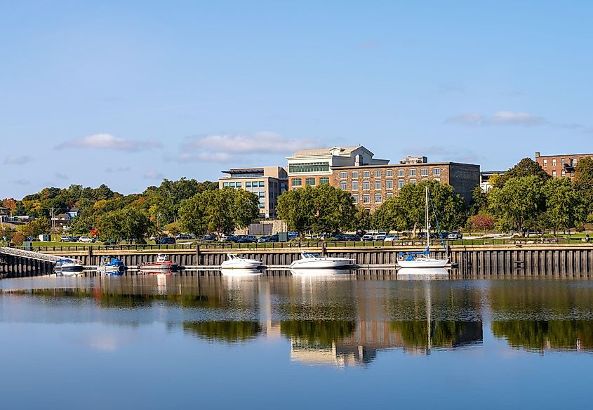 Boats moored along the Penobscot River in Bangor Maine.