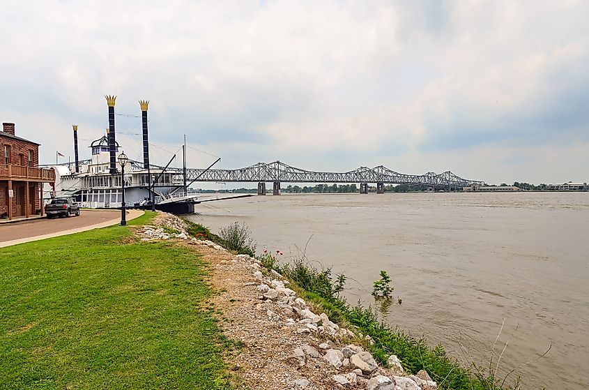Looking across a Riverboat Casino at the bridge crossing the Mississippi River from Natchez Mississippi to Louisiana.
