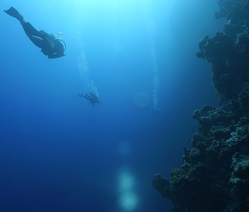 A technical diver descends into a dark underwater cavern, similar to the conditions scientists faced inside Green Banana.