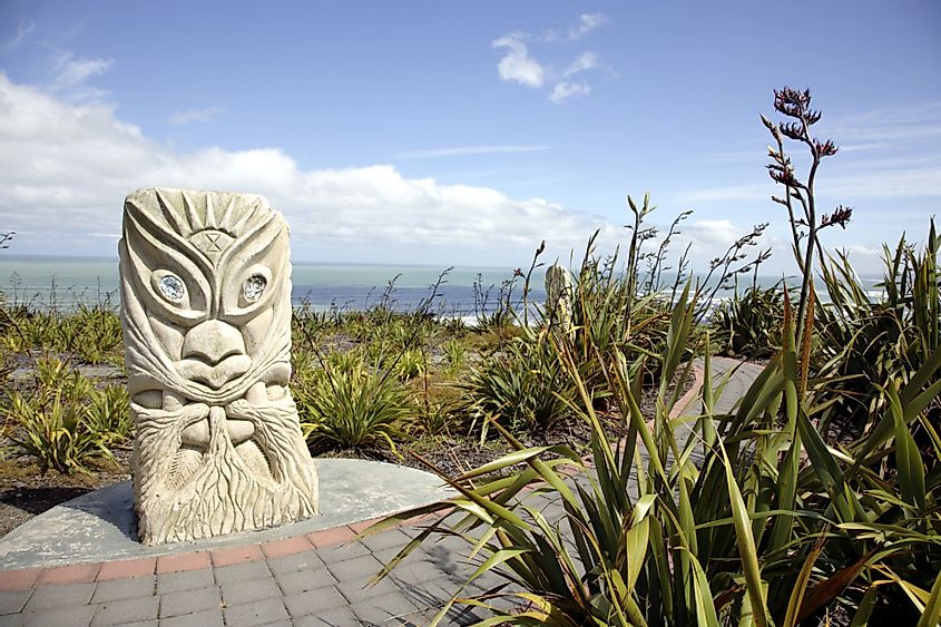 A sculpture of the Maori God of Wind and Storm in Raglan, New Zealand