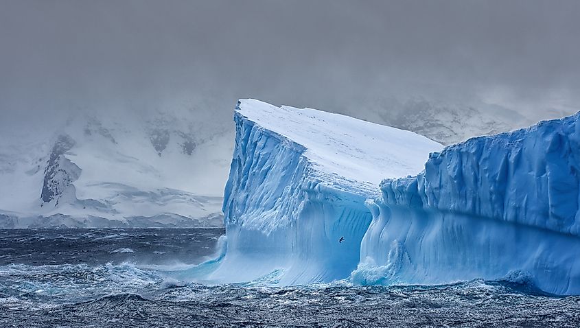 Massive Iceberg floating in the Southern Ocean in Antarctica with snow covered mountains in the background. 