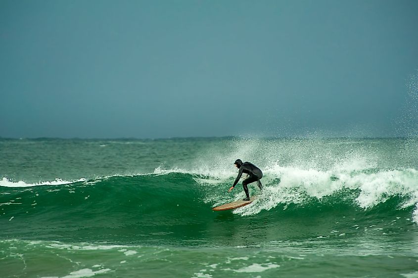 Surfer riding the ocean waves in Cox Bay, Tofino, Canada