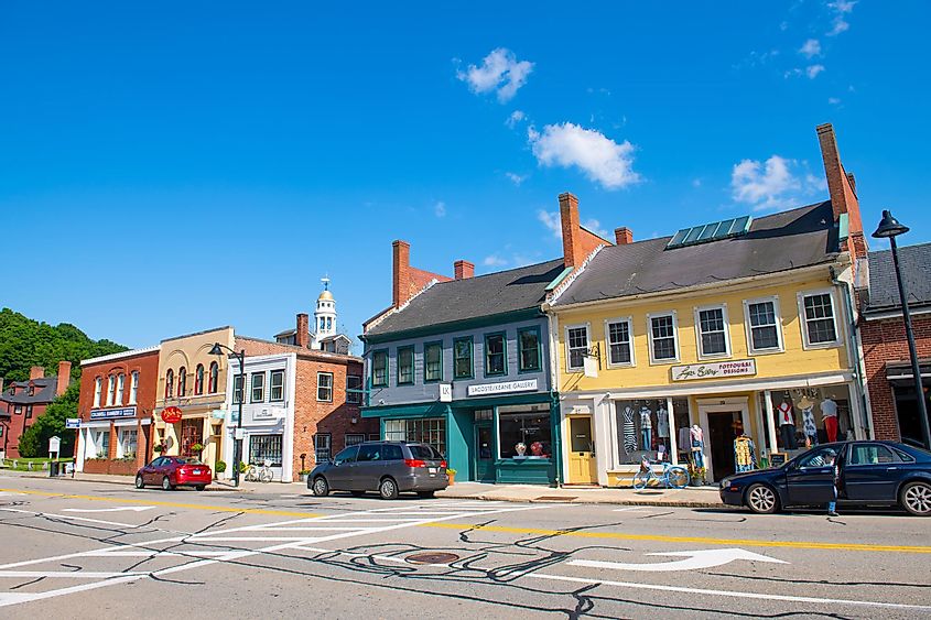 Historic buildings on Main Street in the center of Concord, MA, USA.