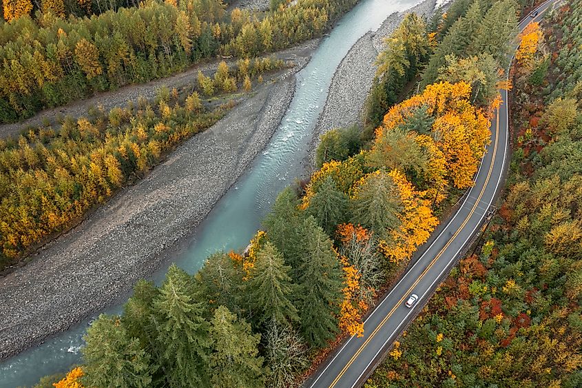 Aerial view along the Mt. Baker Highway of the Nooksack River during the fall season.