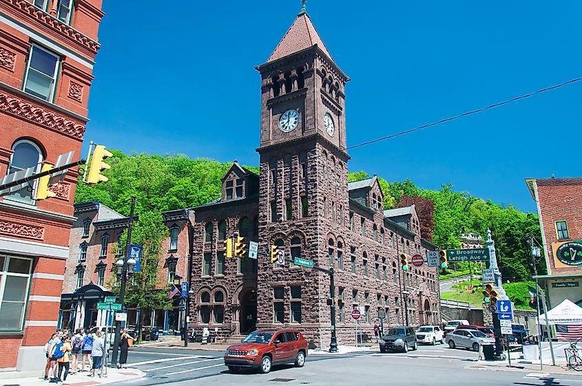 Landmark Buildings in Historic Jim Thorpe, Pennsylvania, USA, on a Sunny Day.