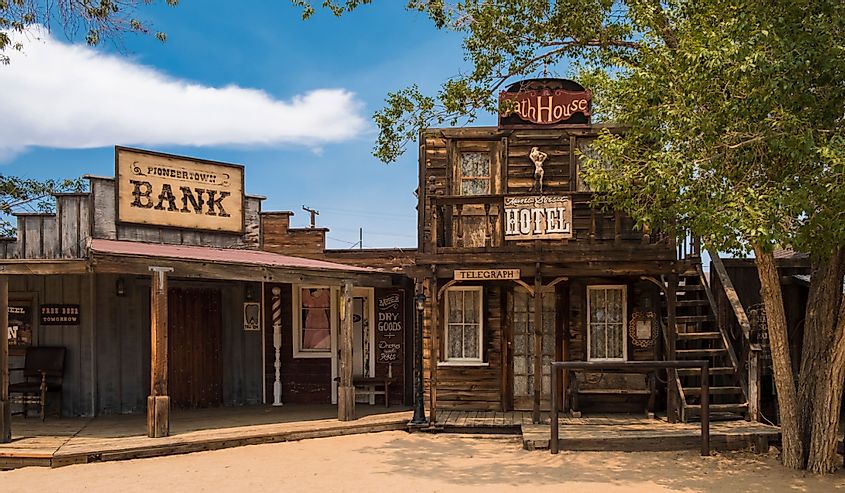 Wooden buildings on the Mane street of the former Wild West movie set, Pioneertown, California