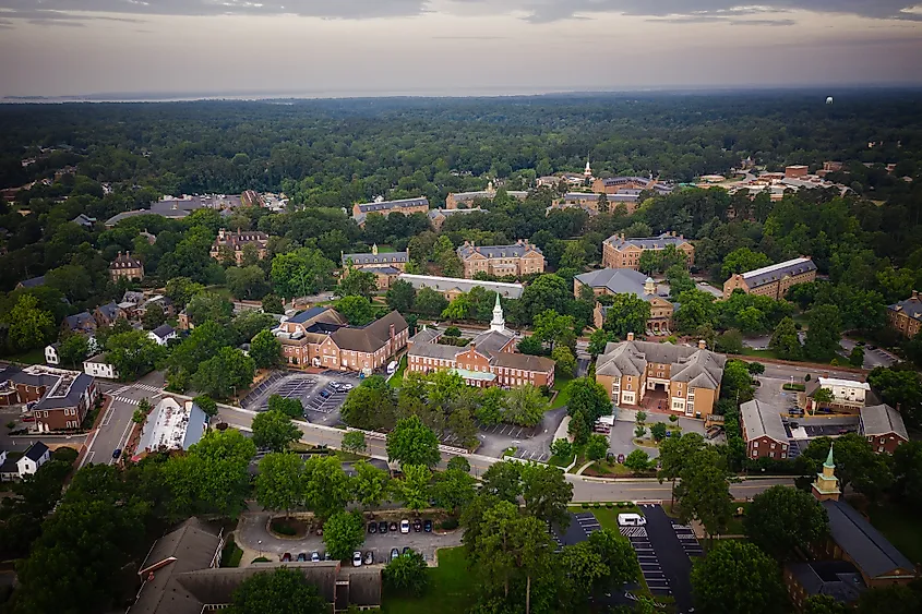 Colonial-era buildings in the historic area of Williamsburg, Virginia.
