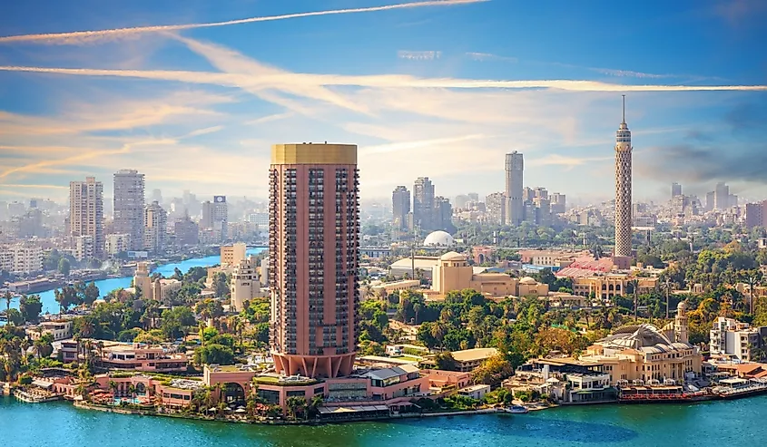 Aerial view of Gezira island on the Nile at sunset, Cairo, Egypt