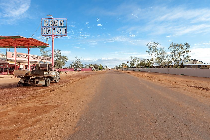 The Pink Roadhouse along the main street in Oodnadatta in South Australia.