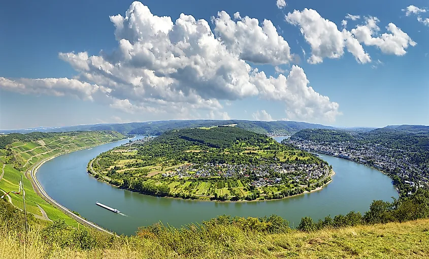 A bend in the Rhine River in Europe.