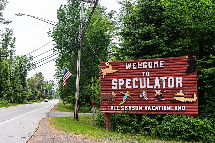 A car drives down Route 8 in Speculator, New York.