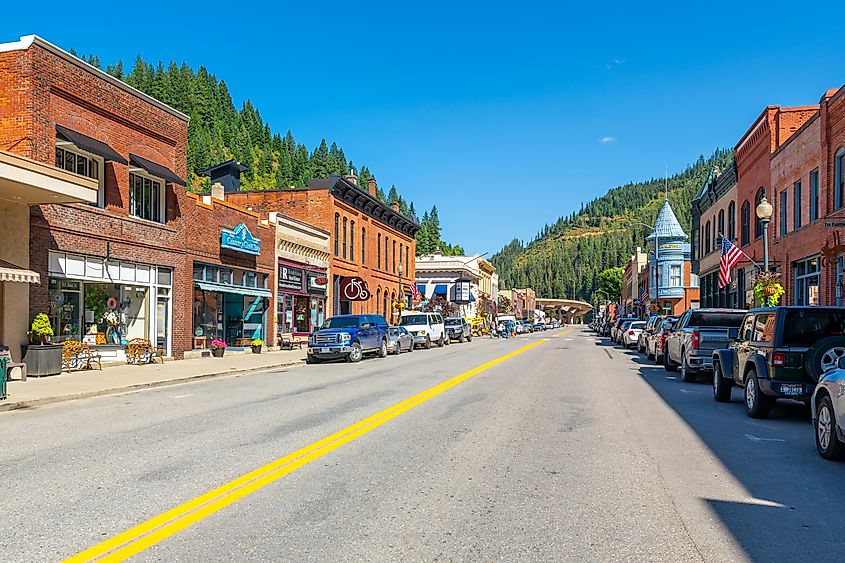 Bank Street, the main street through the historic town of Wallace, Idaho