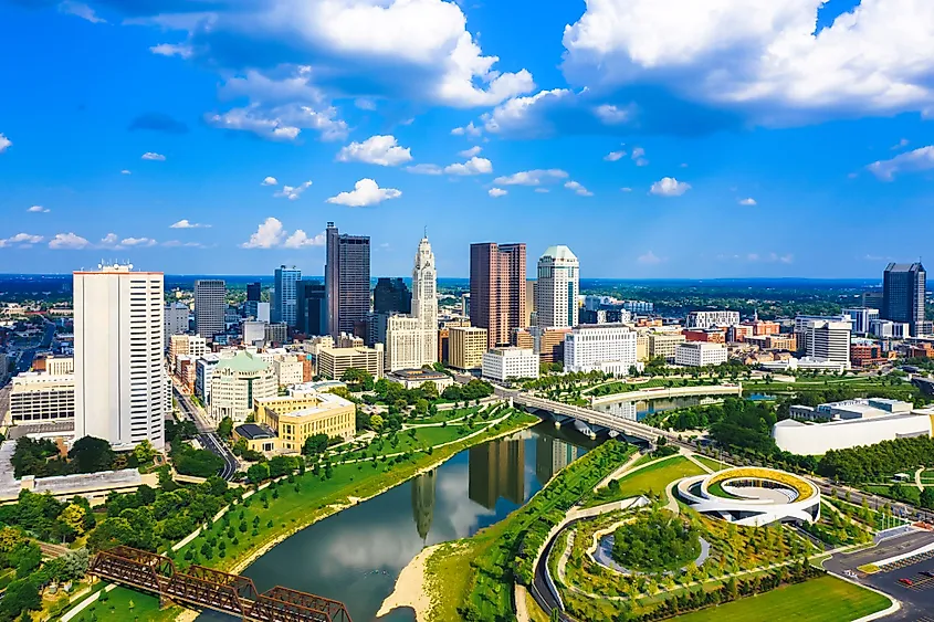 The downtown skyline of Columbus, Ohio, along the Scioto River.