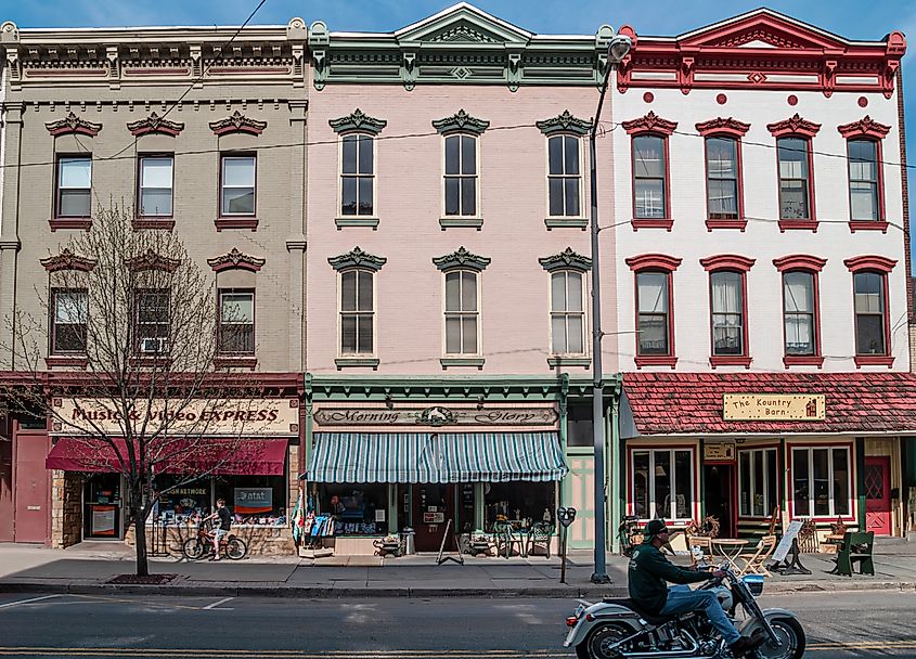 Main Street with classic storefronts in Honesdale, Pennsylvania.