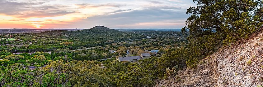 Sunset Panorama of Wimberley and Blanco River Valley  from the top of Mount Baldy