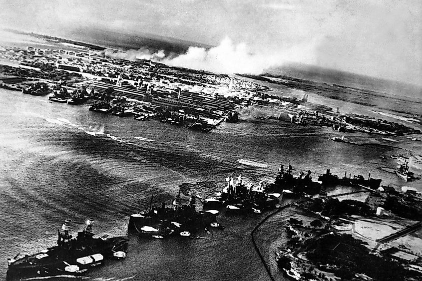 Japanese photograph taken during the attack on Pearl Harbor, Dec. 7, 1941. In the distance, the smoke rises from Hickam Field.