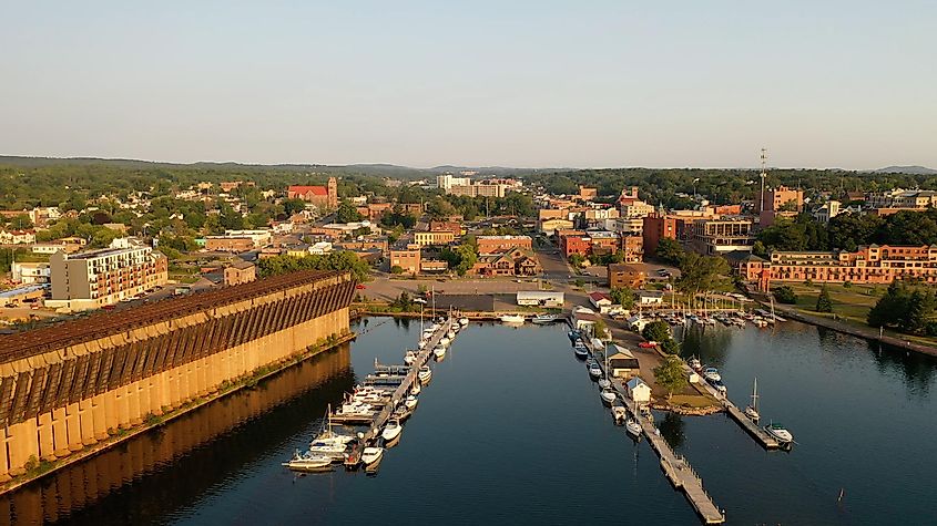 Aerial view of downtown of city of Marquette, Michigan state