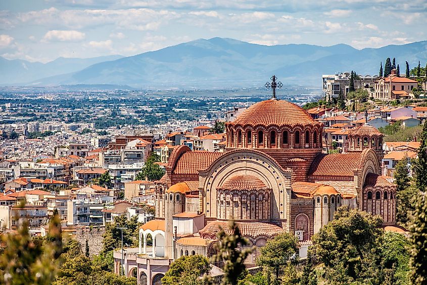 Cityscape of the present-day city of Thessaloniki, Greece, with its historical and modern buildings..