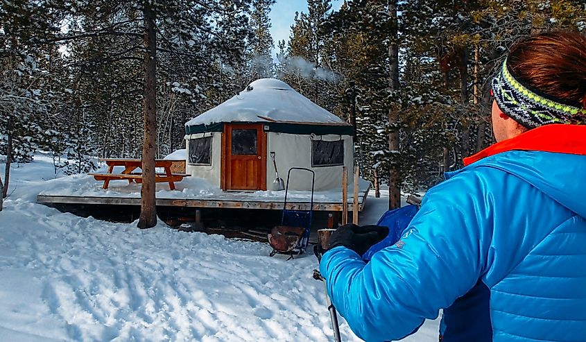 Cross Country skiing near Lander Wyoming to yurt