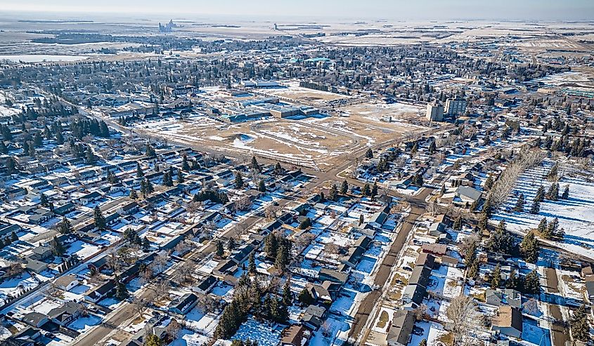 An aerial drone photo of Melfort, Saskatchewan, during winter.