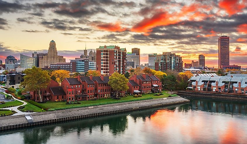 Buffalo, New York, USA downtown city skyline at dawn.