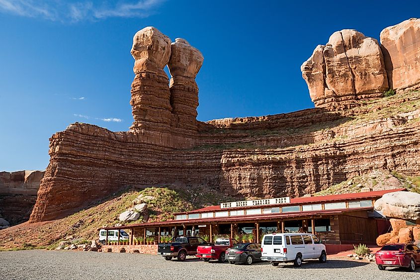 Views of the stone formation called Twin Rocks and the Twin Rocks Cafe in Bluff