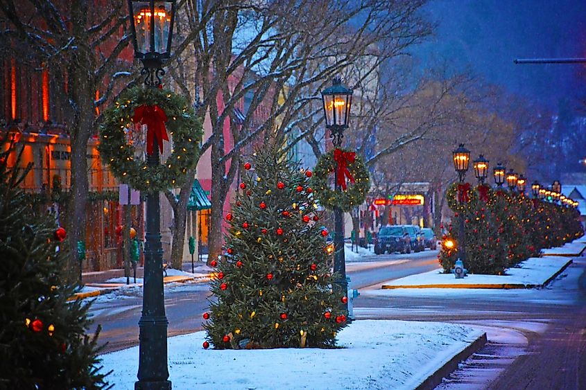 Christmas decorated downtown in the winter, in Wellsboro, Pennsylvania.