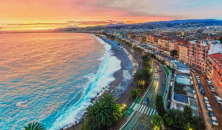 Nice, France beach and city in the evening after sunset