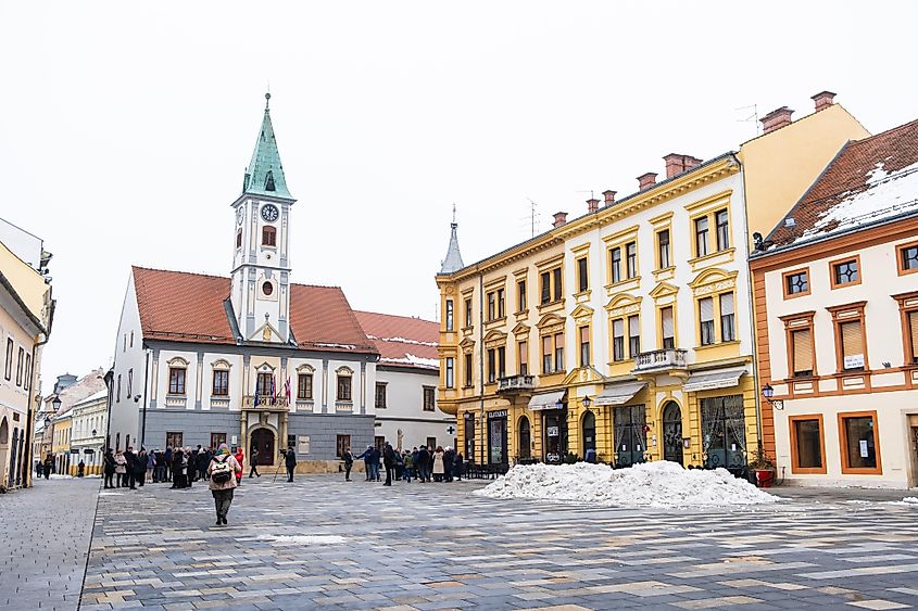 A crowd gathers near the baroque Town Hall in Varaždin, Croatia.