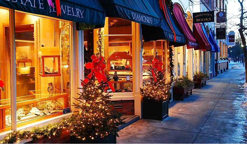 Downtown street in Woodstock, Vermont.