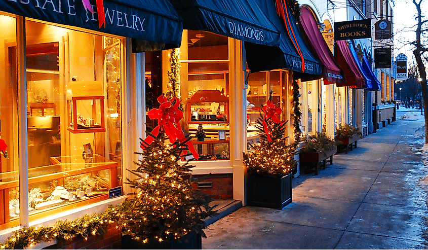 Downtown street in Woodstock, Vermont