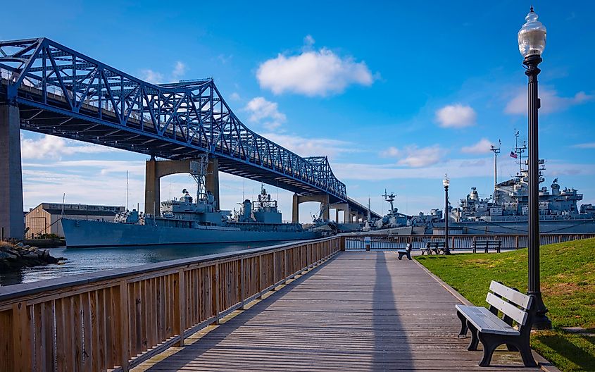 River Boardwalk with View of Braga Bridge at Heritage State Park in Fall River, Massachusetts